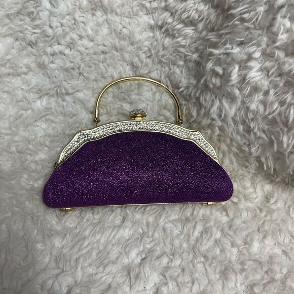 Purple Mauve shimmery clutch gold tone Frame  Rhinestones accents. - Picture 1 of 11